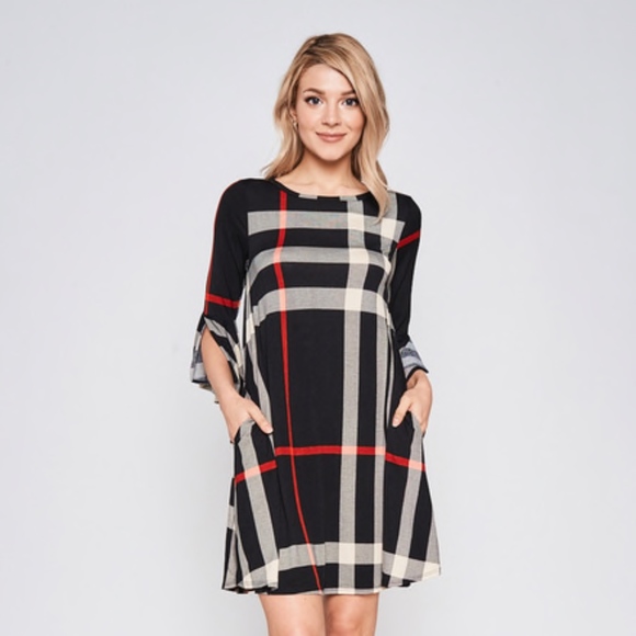 BLACK PLAID SPLIT SLEEVE SHIFT DRESS - Picture 2 of 4